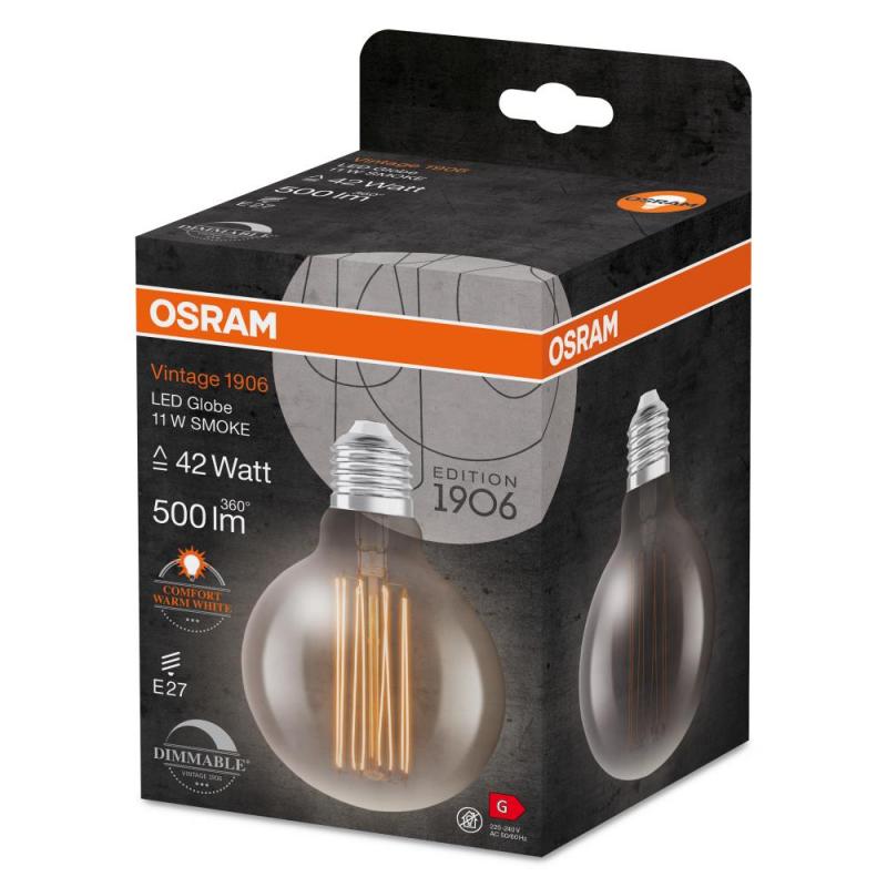 OSRAM LED VINTAGE E27 Glühlampe Globe 95 SMOKE dimmbar 11W wie 42W extra warmweißes gemütliches Licht